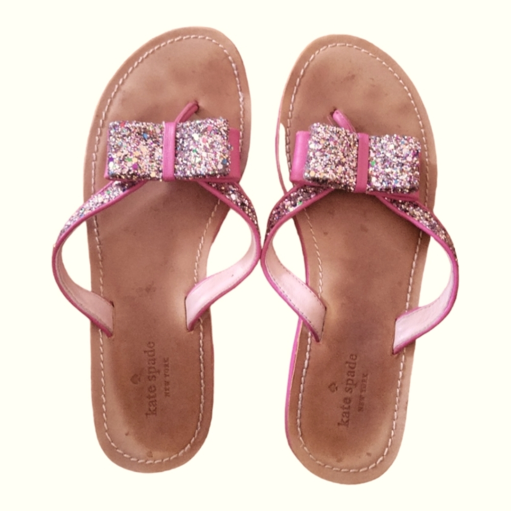 Kate Spade New York Icarda Glitter Pink and Silver Bow Flip Flop Sz 8